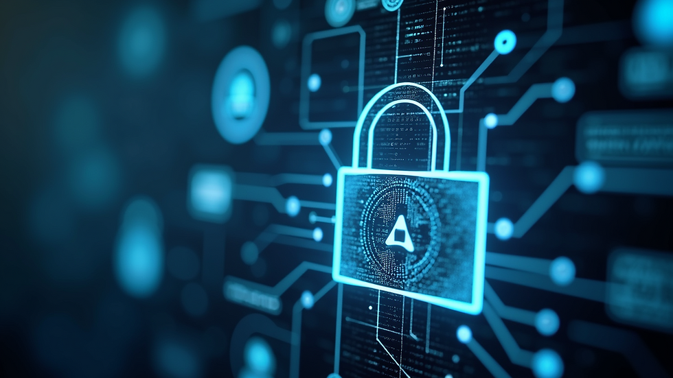 Close-up view of a cybersecurity concept illustration with a lock and digital elements