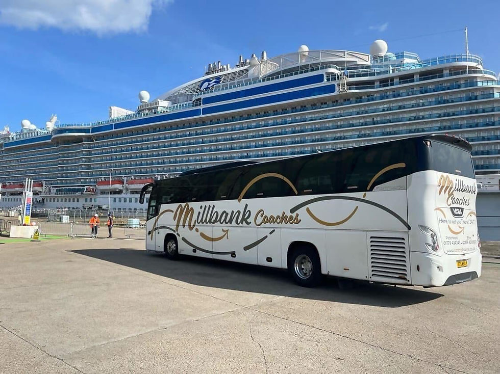 Millbank coach in front of a cruise ship