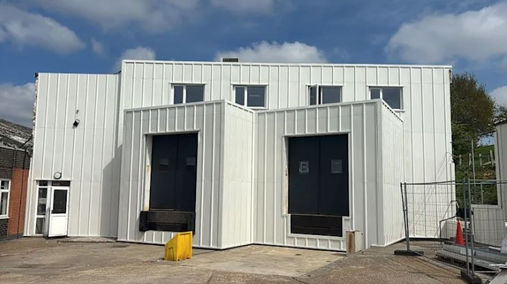 Cladding on a large building front view