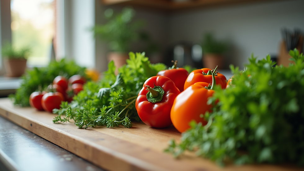 Eye-level view of a kitchen counter with fresh vegetables and herbs