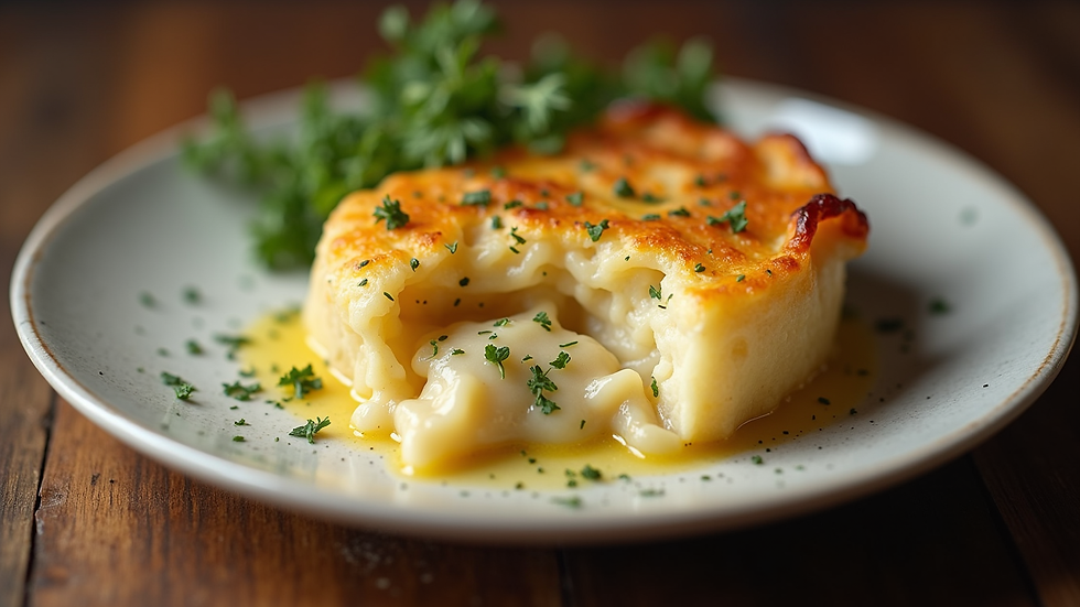 Eye-level view of a traditional British fish pie with mashed potato topping