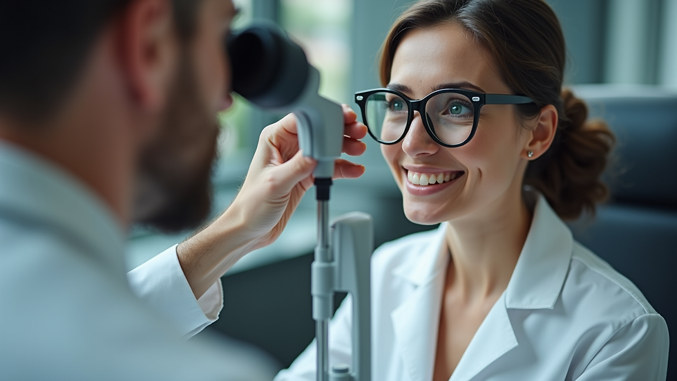 Eye-level view of an optometrist examining a patient's eyes