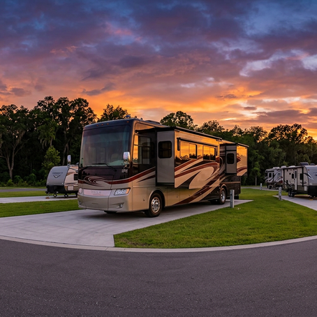 Beautiful RV on a concrete pad with sunset background