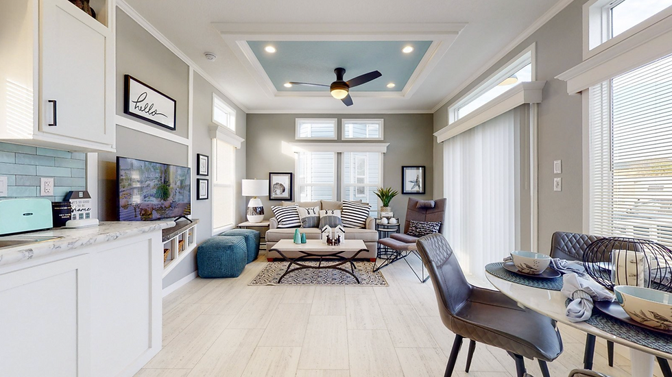Fully furnished park model living room with soft gray accent fabrics, and teal blue ottoman. Painted accent ceiling in the color Stardust from Sherwin Williams.