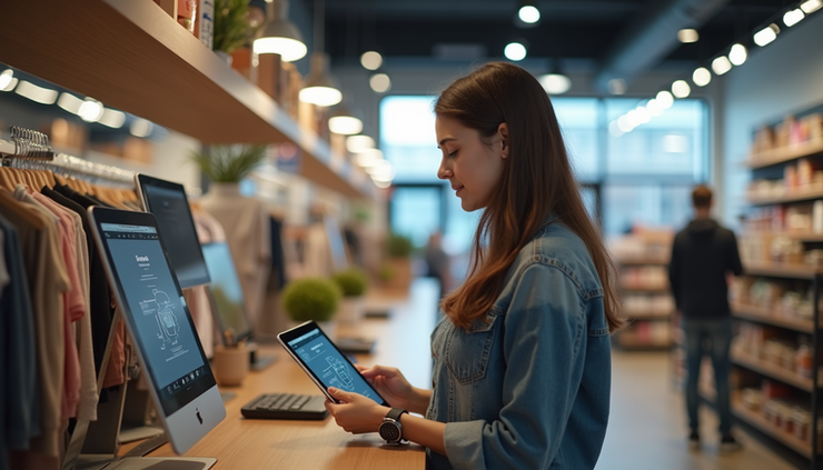 High angle view of a customer interacting with a virtual AI assistant on a tablet in a retail store