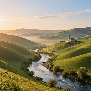A hilly landscape with a river running through it.