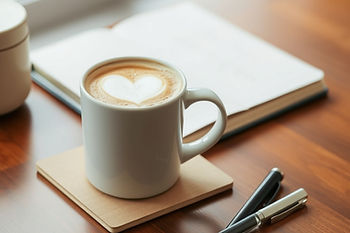 Una taza de café, un cuaderno y bolígrafos sobre una mesa de centro.