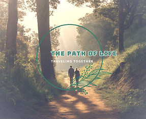 Logo for the Path of Life Groups. A man and woman walking on a forested path