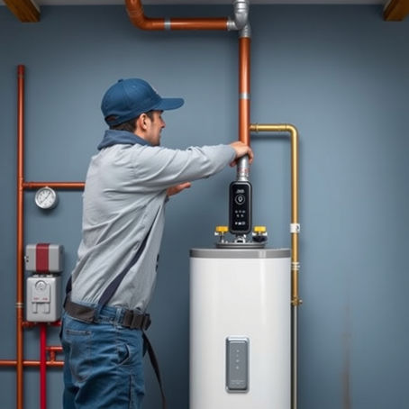 technician working on a water heater