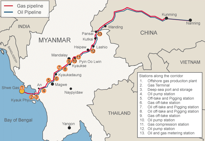 Projek Gas Shwe menyambung antara Kunming di China dan Kyauk Phyu di wilayah Arakan