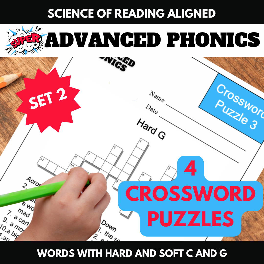 Super Advanced Phonics Hard & Soft C & G Crossword Puzzles | 2nd Grade | No Prep