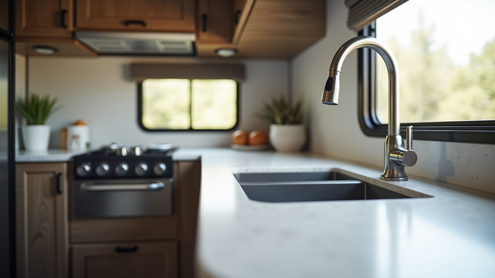 Close-up view of custom RV kitchen countertop with modern fixtures