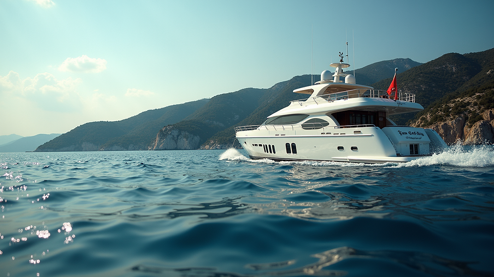 Eye-level view of a luxury yacht sailing near the Turkish coastline