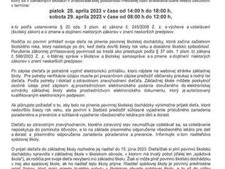 Oznámenie o povinnom zápise deti na plnenie povinnej školskej dochádzky pre šk.rok 2023/2024