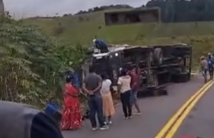 Caminhão de empresa de frangos tomba em curva na estrada de Varzedo