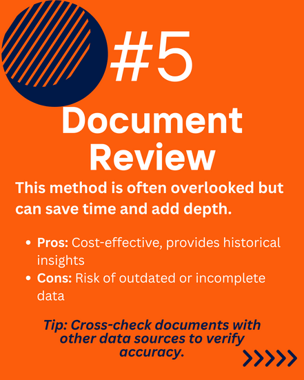 Text explains how document review is cost-effective but sometimes outdated. Tip reminds users to cross-check data sources for accuracy.