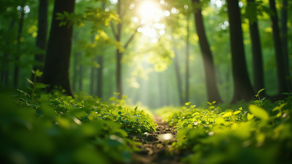 Eye-level view of a lush green forest with sunlight filtering through the leaves