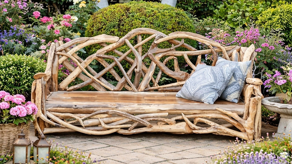 Eye-level view of a hand-forged iron garden bench surrounded by lush greenery