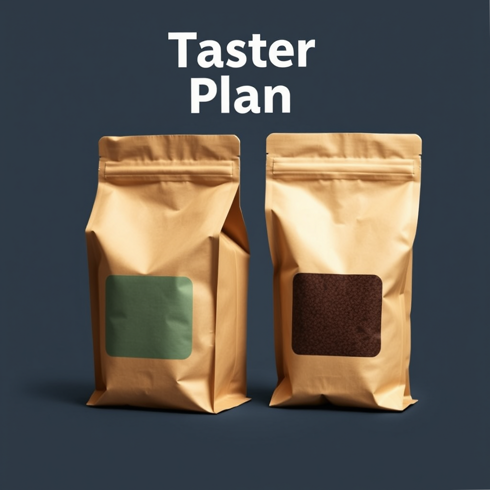 Generate an image with 2 coffee bags and on the top stating _Taster Plan_.png