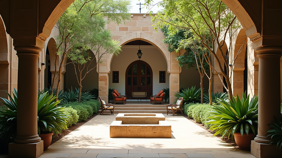 Eye-level view of a luxury riad courtyard with lush greenery and elegant seating