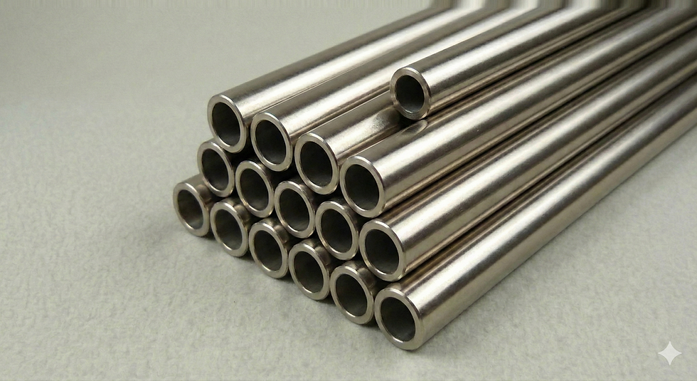 Polished stainless steel tubes, precisely stacked in a triangular formation.