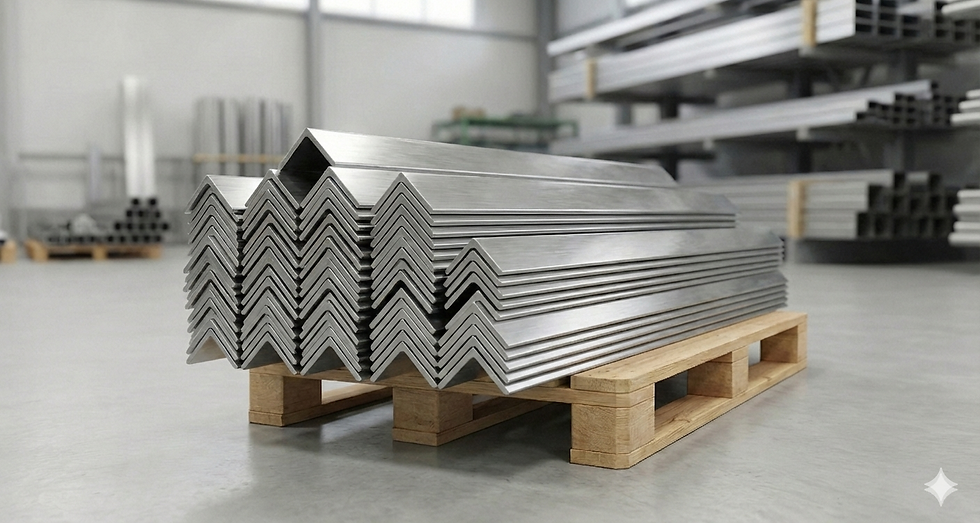 Aluminum angle bars stacked on a wooden pallet in an industrial warehouse.