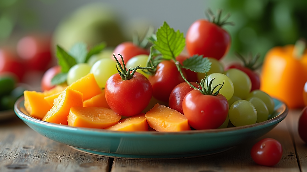 Close-up view of a colorful plate filled with fresh fruits and vegetables