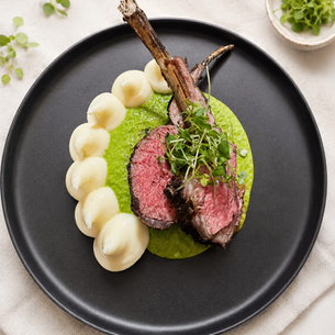 Pan Seared Rack of Lamb with Creamy Potatoes and Zucchini Sauce