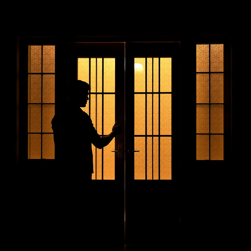 Person’s silhouette opening a door with light behind, symbolizing change and reflection