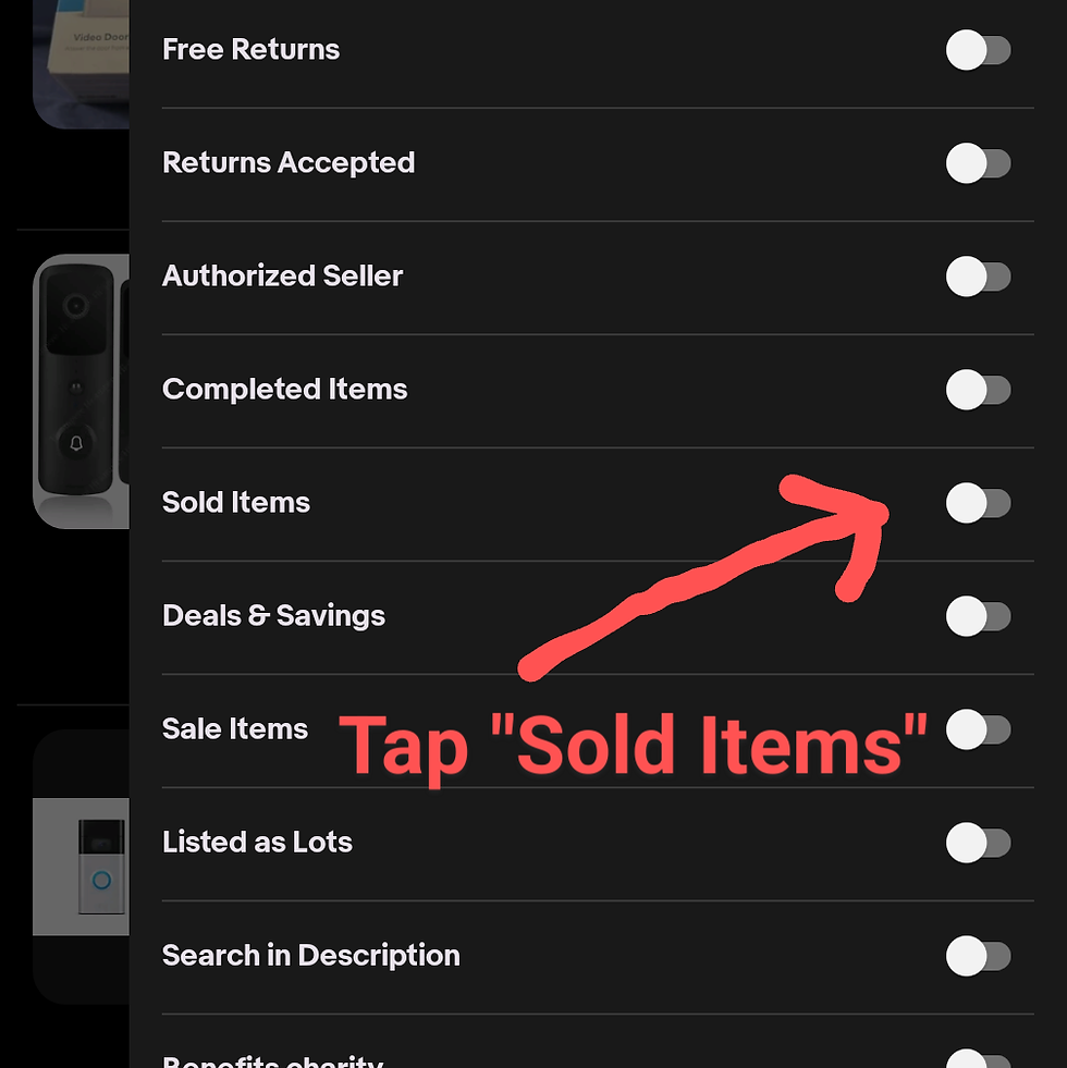 Screenshot of eBay to find sold listings