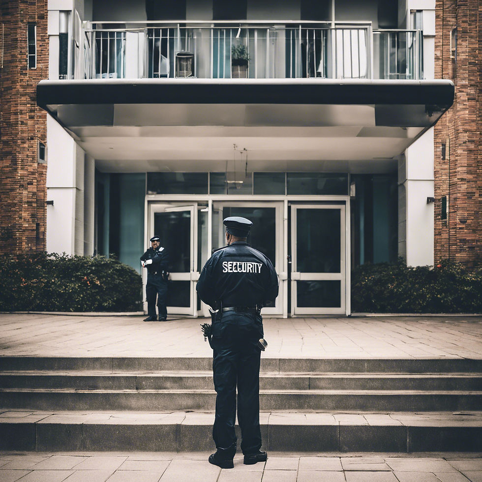 Two Security guard standing outside a residential building in very professional image , ma