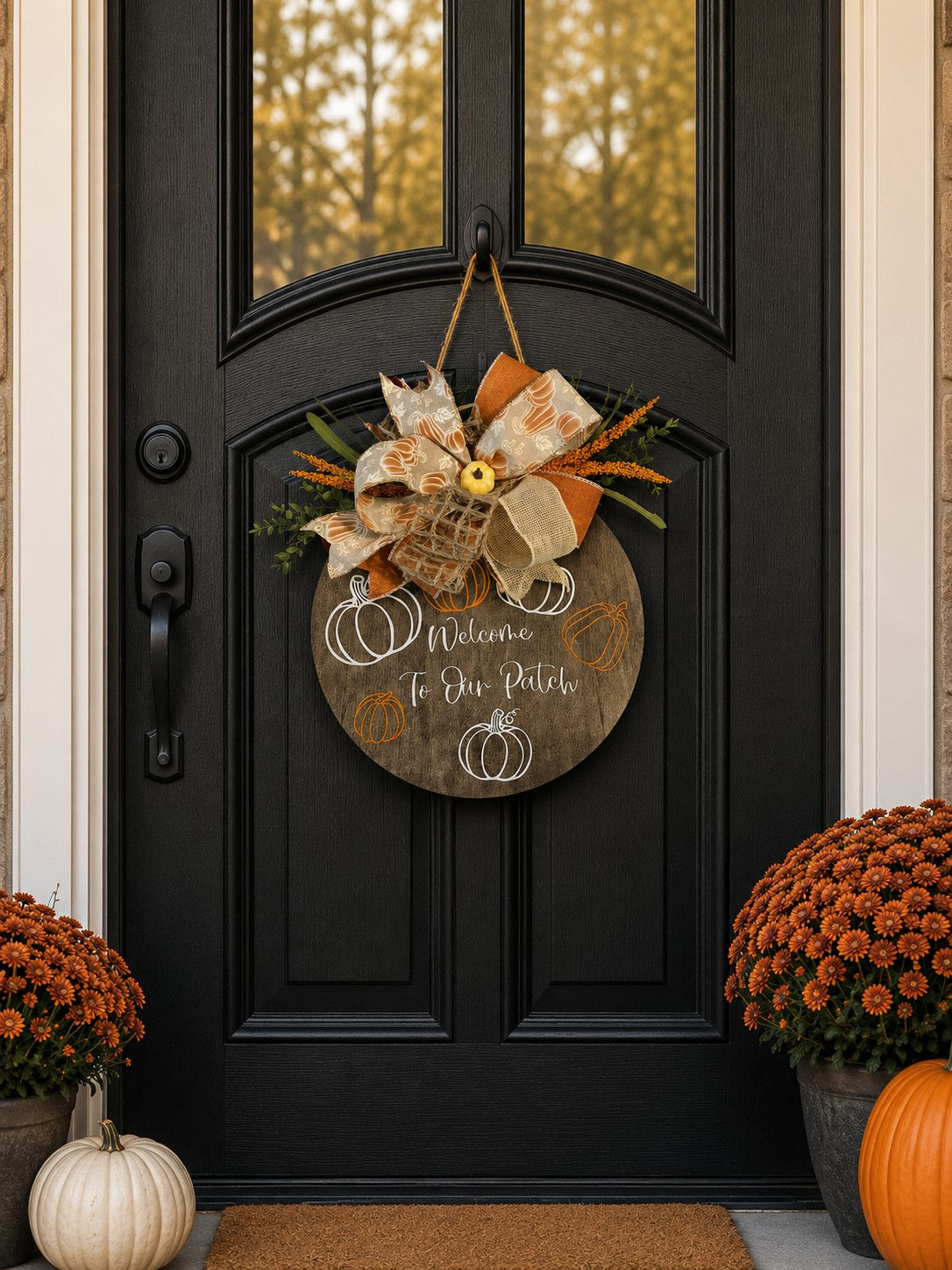 Black door with 'Welcome to Our Patch' sign, mums, pumpkins