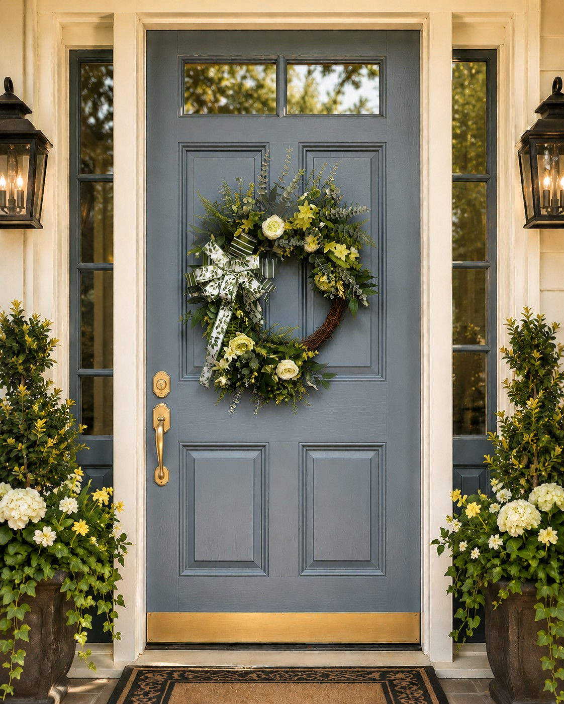 Welcoming blue door with wreath and potted plants