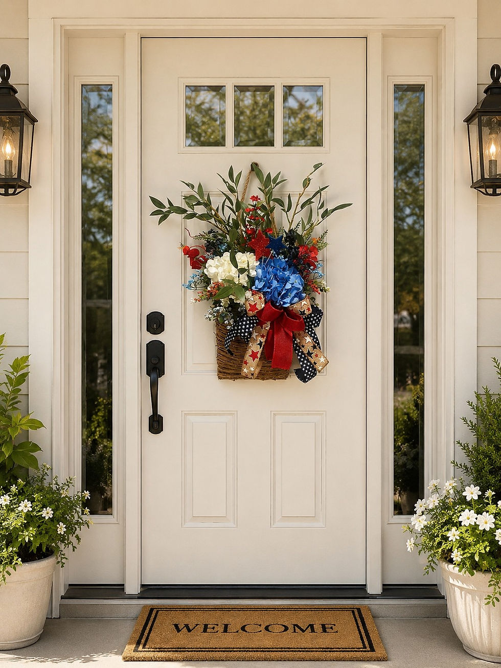 White front door with patriotic wreath and welcome mat.