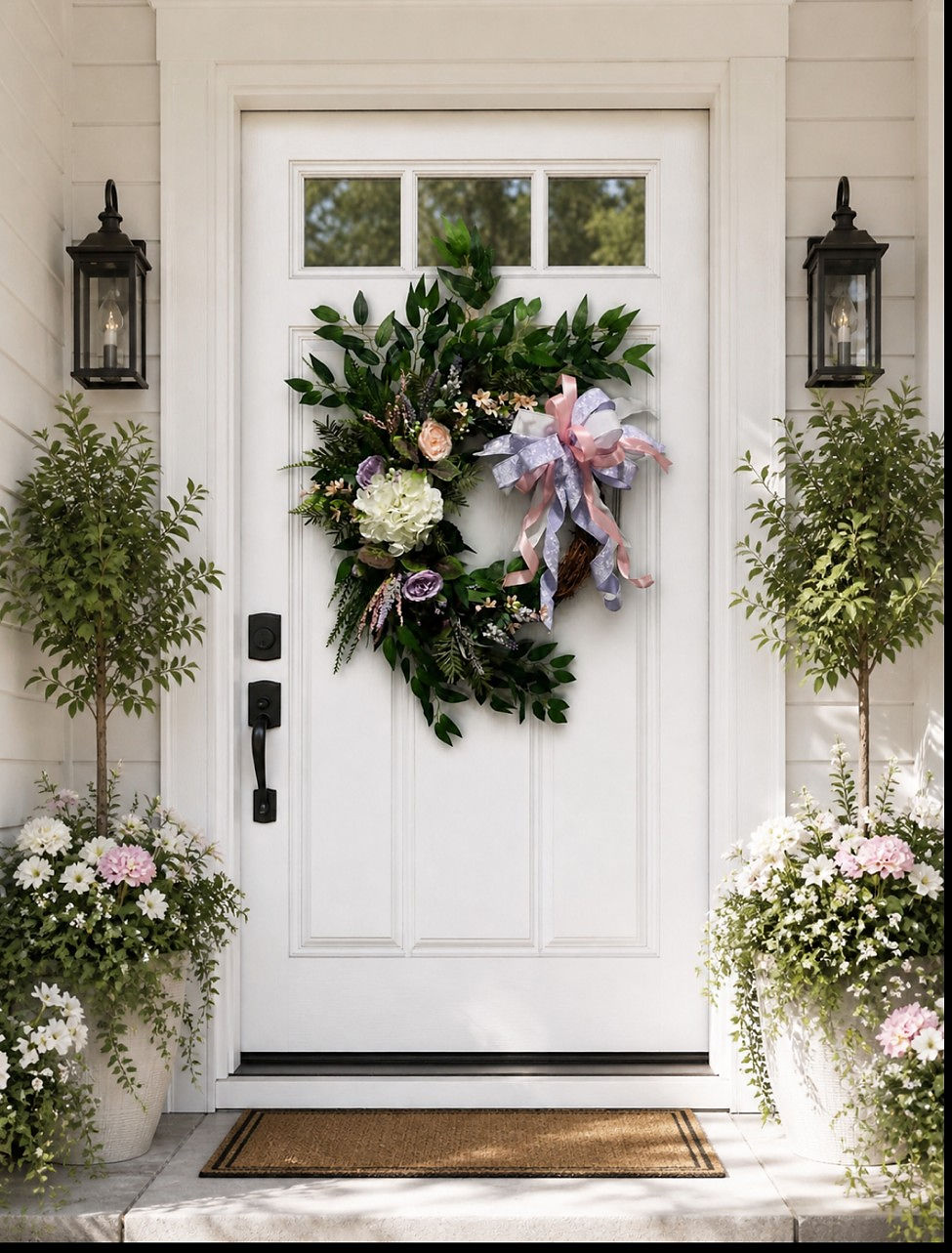 White front door with a green wreath and potted plants