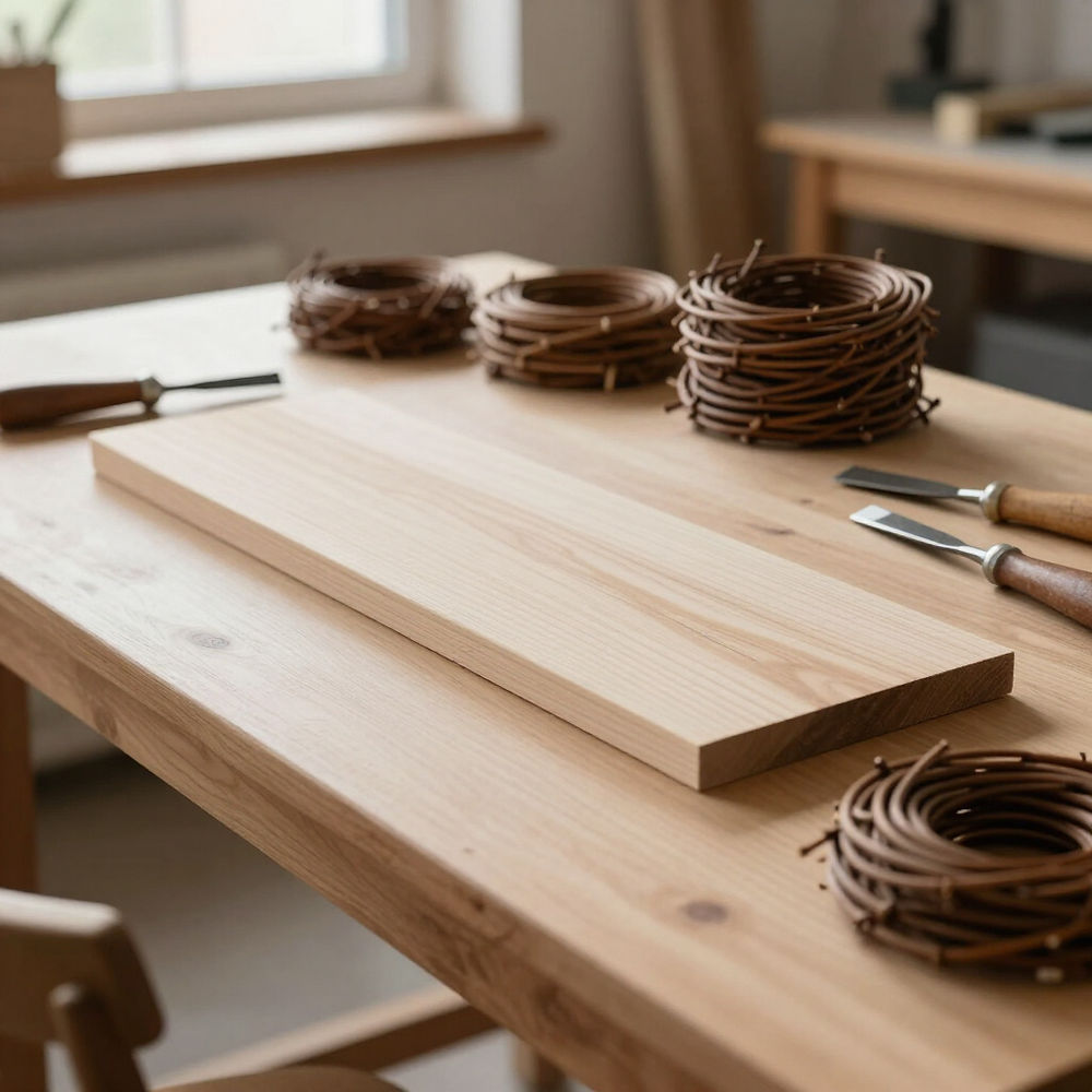 Crafted grapevine wreaths and wood on a workbench