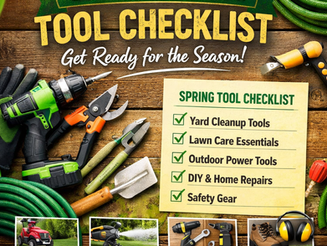 Spring tool checklist with garden tools and gloves on wood. Checklist includes yard cleanup, lawn care, and safety gear. Download prompt.