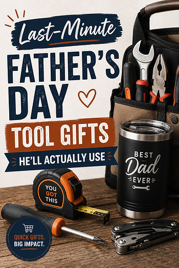 Father’s Day gift ad with tools, tumbler, and multi-tool on wood table; text: Last-Minute, Tool Gifts, Best Dad Ever.