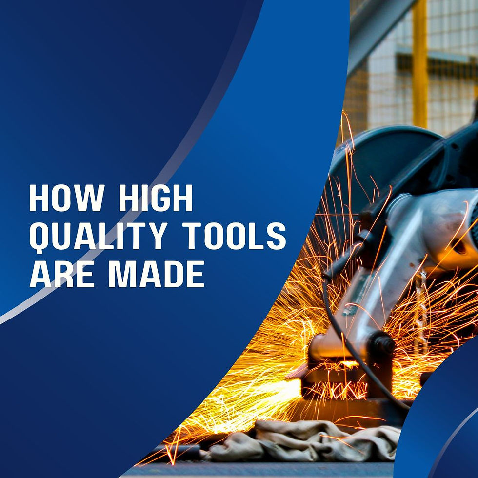 Robot arm creates sparks while cutting metal; text reads "How High Quality Tools Are Made." Blue background, industrial setting.