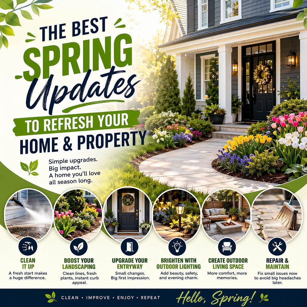 Spring updates poster shows a vibrant garden path leading to a house. Text offers tips for home improvement, with vivid flowers and greenery.