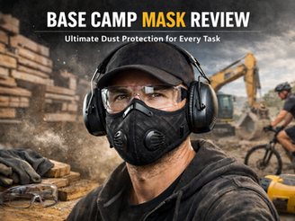 Man wearing a black mask, goggles, and headphones in a dusty construction site. A cyclist and excavator are visible. Text: "BASE CAMP MASK REVIEW".