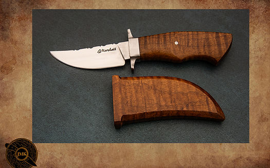 Small upswept point with a curly maple handle and sheath!