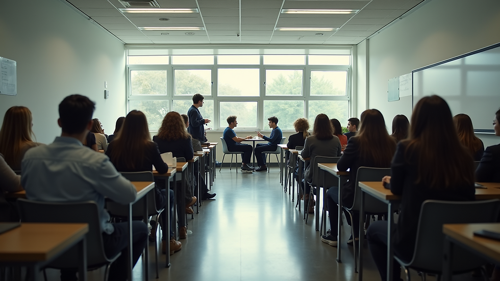 High angle view of a classroom with students engaged in group discussion