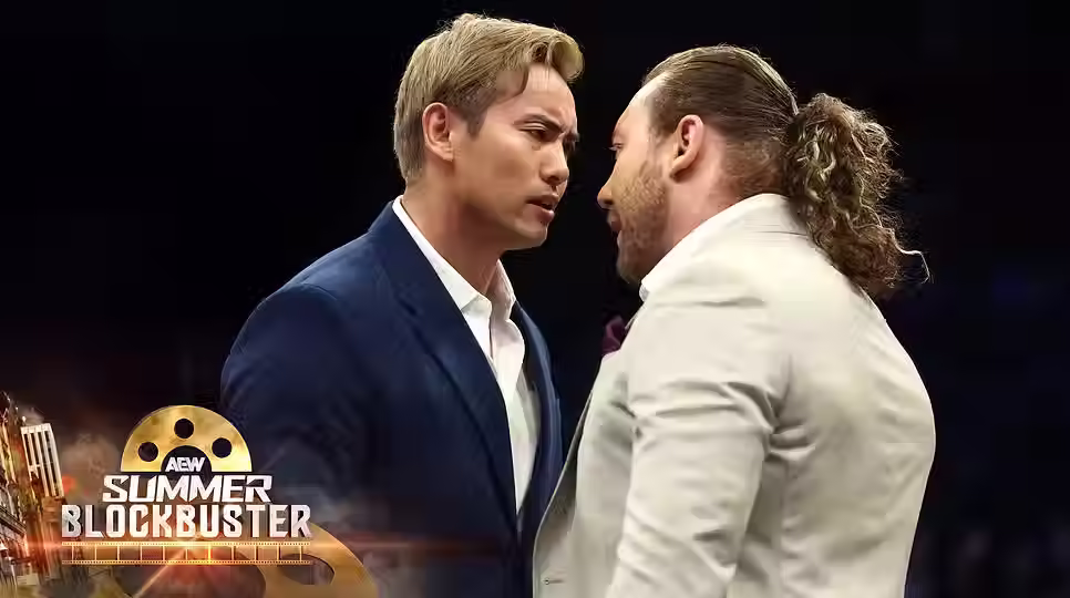 AEW Continental Champion Kazuchika Okada and AEW International Champion Kenny Omega going face-to-face during the ending of Dynamite. (Photo by AEW)