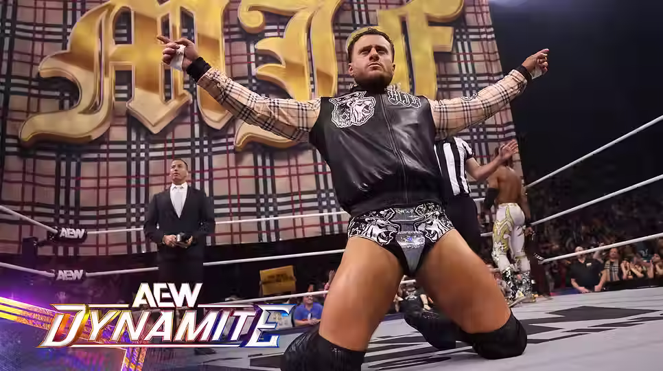 MJF suffered a loss to Kevin Knight as Kevin Knight retained his AEW TNT Title in crazy fashion with a low-blow then a roll-up for the victory. (Image courtesy of AEW)