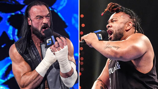 Drew McIntyre & Jacob Fatu trade away on the microphone as the SmackDown General Manager, Nick Aldis, announced that at WrestleMania, both men will fight in an Unsanctioned Match. (Image courtesy of WWE)