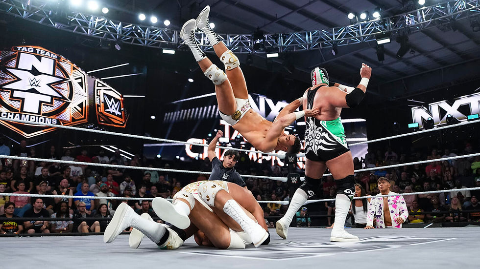 Galeno & El Hijo de Dr. Wagner Jr. as they suffer a loss against the WWE NXT Tag Team Champions, The Vanity Project. (Image courtesy of WWE)