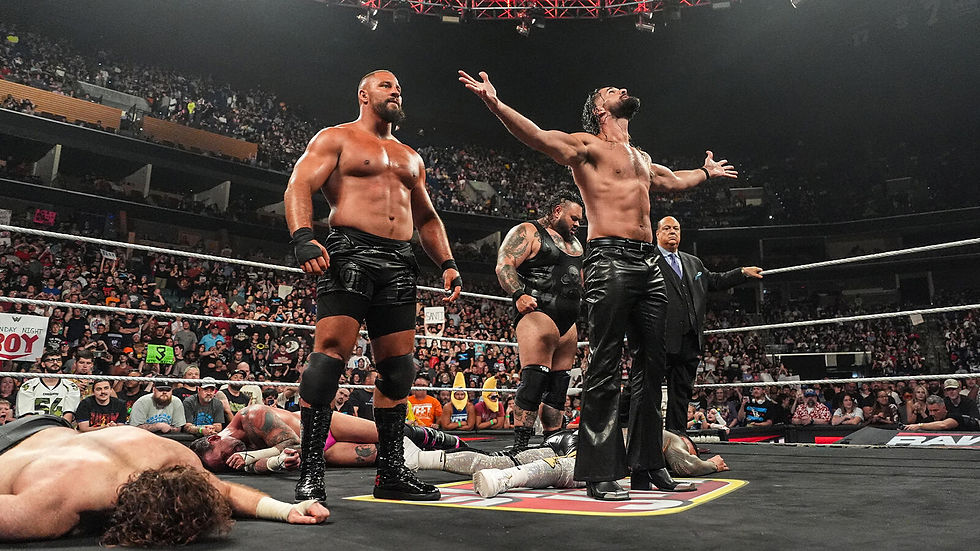 Bron Breakker, Bronson Reed, Paul Heyman & Seth Rollins stood tall as they took out AJ Styles, CM Punk, Jey Uso & Sami Zayn to close out the go-home episode of Monday Night RAW before Money in the Bank. (Photo by WWE)