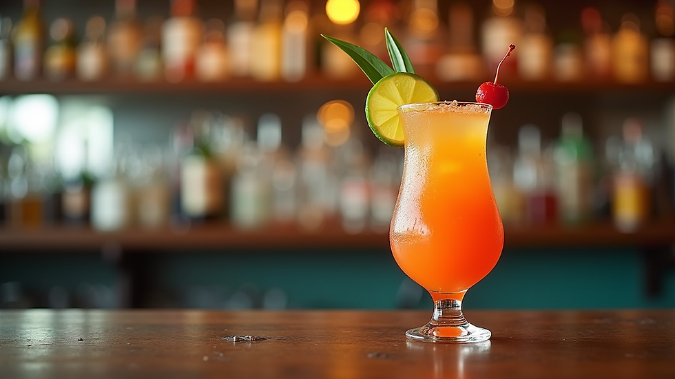 Close-up of a colorful tropical cocktail on a bar counter