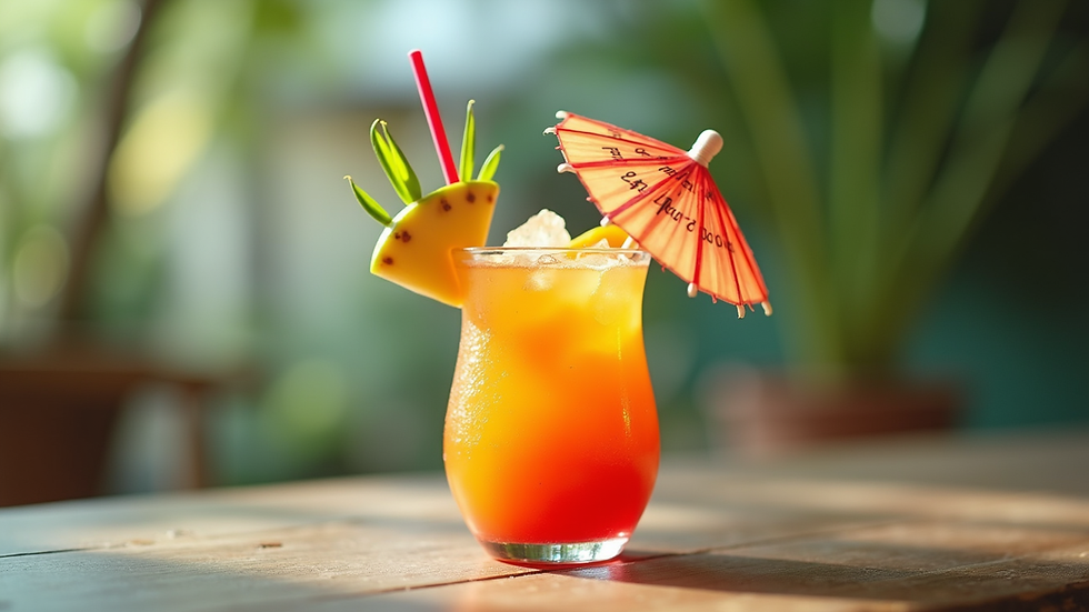 Close-up van een kleurrijke tiki-cocktail met fruit en parasolletje
